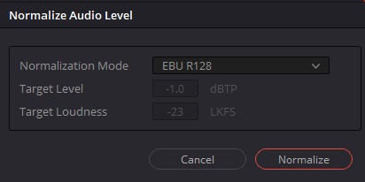 Normalization menu in Black Magic's DaVinci